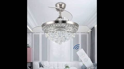 Crystal Chandelier Fandelier Chrome Ceiling Fan 42 Inch with Retractable invisible Blades and 3...