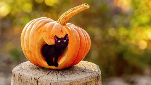 Cat baby playing inside the pumpkin.