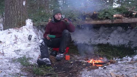 Solo Winter Survival in Primitive Shelter - no tent, no sleeping bag