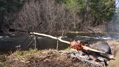 Solo Bushcraft Camping - Rotisserie Chicken Water Wheel