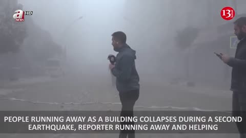 PEOPLE RUNNING AWAY AS A BUILDING COLLAPSES DURING A SECOND EARTHQUAKE...