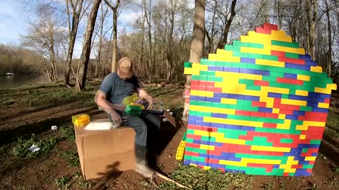 Lego Fishing Cabin - Building & Camping in Lego Fort- Survival Shelter Challenge