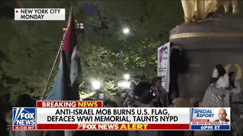 Anti Israel mob burns U S flag.