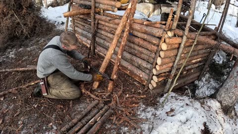 Bushcraft Bunkbed Winter Camping Trip (Building a Winter Survival Shelter)