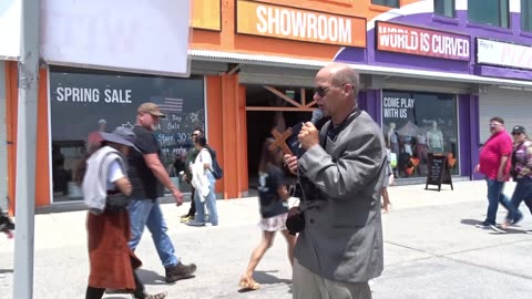 Brother David G is preaching the Gospel on the Venice Beach boardwalk, Sunday, May 26, 2024.