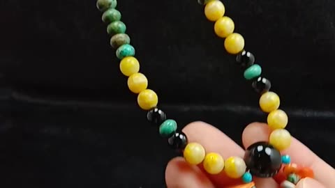 Natural turquoise and bumble bee beads with onyx spiny oyster pendant necklace