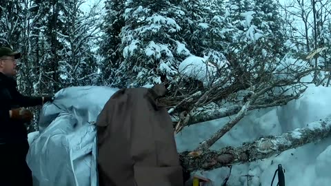 Survival Shelter Winter Camping in Blizzard - Deep Snow Camping in Alask