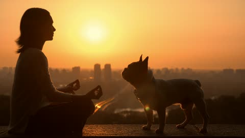 Woman meditating with her dog in the sunset