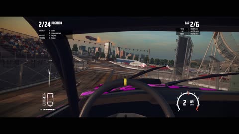 Wreckfest Deathloop race, cockpit camera, sunset