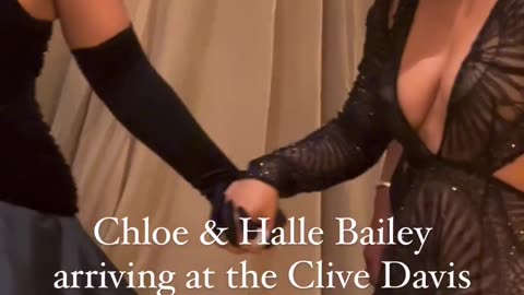 Chloe & Halle Bailey arriving at Clive Davis Grammy Celebration / Black Willy Wonka /