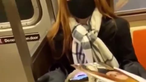 Funny people, talented artist paints woman sitting on train