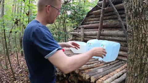 Primitive Shelter Camping - Bushcraft Log Cabin in Rain Storm