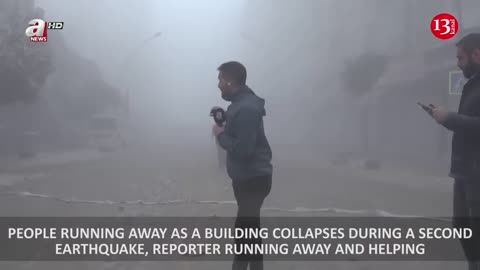 PEOPLE RUNNING AWAY AS A BUILDING COLLAPSES DURING A SECOND EARTHQUAKE