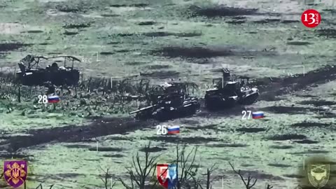 A drone view of a large number of Russian military equipment destroyed in Donetsk