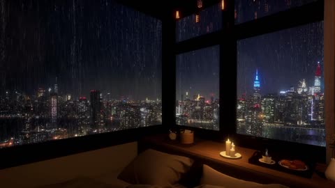 Cozy Bedroom With A Night View Of New York In Heavy Rain | Rain Sounds, Rain On Window