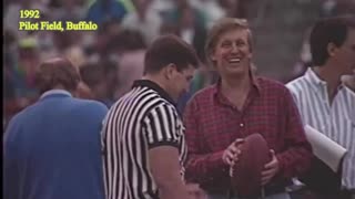 Donald Trump throwing a football during the Super Bowl in 1992