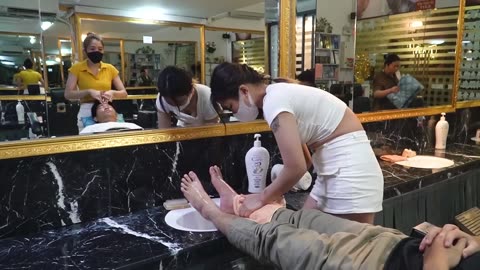 a nostalgic massage from two girls young! inner thighs, head, and hands massage, barber shop