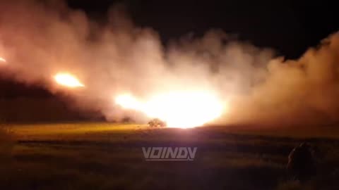 Russian BM-21 GRADs firing an incendiary barrage at Ukrainian positions