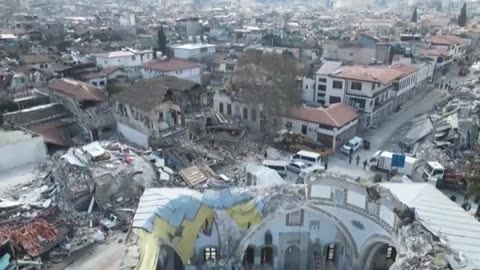 Aerial shots of destruction in the old city of Antakya, Turkey