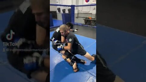 Arm drag to inside trip and back spin knee bar