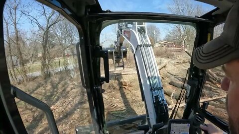 Mini excavator sorting firewood from slash piles for future cabin clearing & build