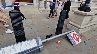 The damage to a bus stop caused a by a red bus after it crashed #horseguardsparade