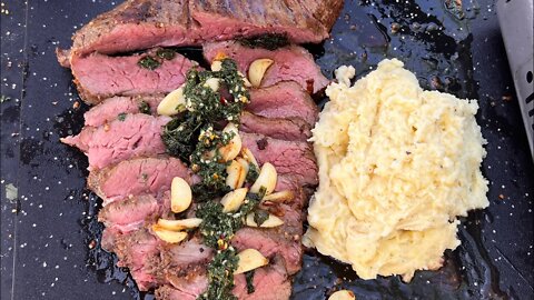 Smoked reverse seared tritip with cheesy mashed potatoes