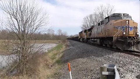 CSX B521 Loaded Pipe Train with UP Power from Creston, Ohio April 7, 2023