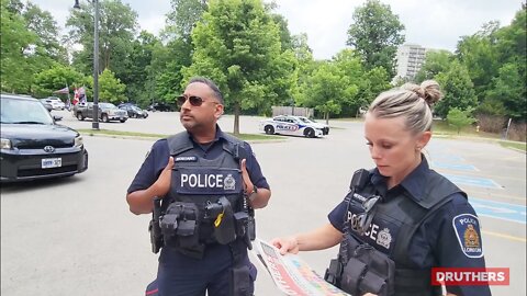 Police were called on Druthers for handing out free newspapers in a park in London, Ontario...