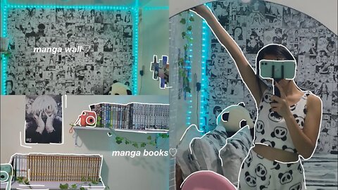 room makeover || manga wall, manga books, aesthetic wall collage