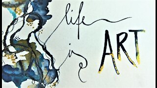 Life is ART, abstract experimental painting with strings, Fadenbild abtrakte Malerei
