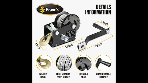 Bravex Boat Trailer Winch 3500lbs with 33ft Strap, Heavy Duty Hook Portable Hand Winch, Two Way...