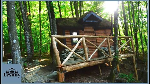 Cozy house with pallets in the forest. DIY