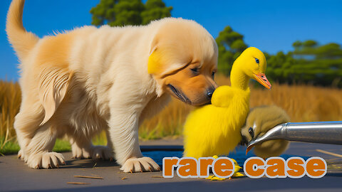 "A puppy and a duckling: the cutest date ever.".