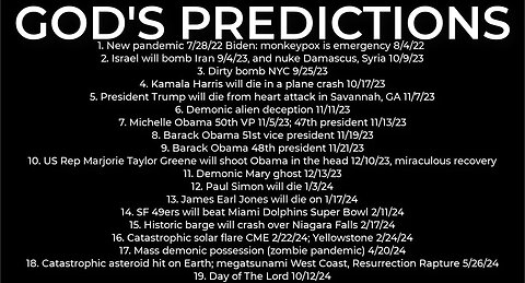 GOD'S PREDICTIONS: Harris crash 10/17; dirty bomb NYC 9/25; Trump death 11/7; Israel bomb Iran 9/4