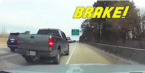 SLOW PICKUP TRUCK JUMPS OUT IN FRONT OF SPEEDING DRIVER