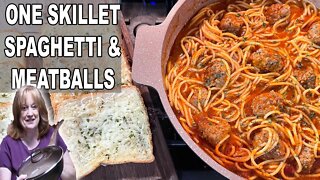 One Skillet SPAGHETTI & HOMEMADE MEATBALLS, 30 MINUTE MEAL, ONE POT DINNER IDEA, CATHERINES PLATES