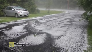 Driveway turns white with hail as storm moves over Ontario