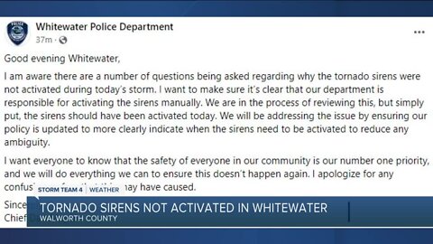 Whitewater Police Department apologizes for not activating tornado sirens