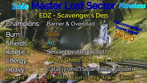 Destiny 2 Master Lost Sector: EDZ - Scavenger's Den on my Hunter Solo-Flawless 10-3-22