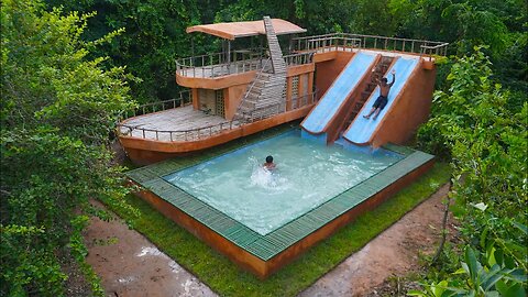 Build The Most Creative a boat villa house with beautiful Water Slide Park into Swimming Pool