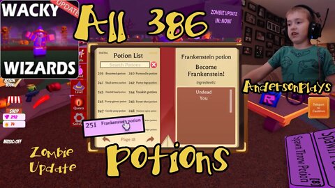 AndersonPlays Roblox Wacky Wizards All Potions - All 386 Potions Book Recipes - Zombies Update