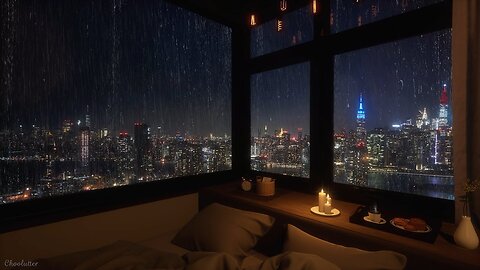 Cozy bedroom with night view of New York in heavy rain | Sounds of rain, rain on the window
