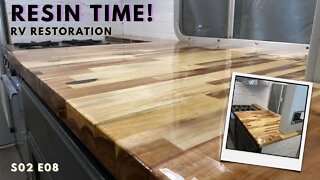 Camper Kitchen Remodel & Install Butcher Block Countertop | Resin Pour | Vintage RV Makeover