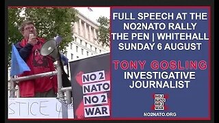 A Brief History of NATO, Tony Gosling opposite Downing St., London at NO2NATO peace rally 06Aug23