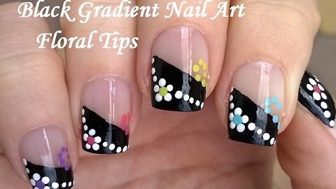 Black Gradient French Tip Nails Wtih Flowers