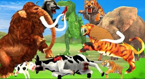 The tiger fight dinosaur chase cow cartoon buffalo gorilla save by Elephant ( AMR Cartoon)