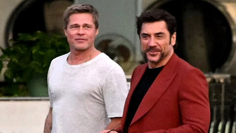 Brad Pitt looks shockingly youthful as he & Javier Bardem share a laugh while shooting