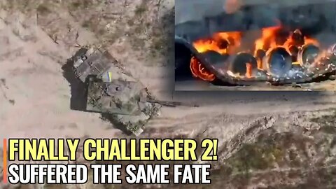 British Challenger 2 tank burns in front of Russian soldiers
