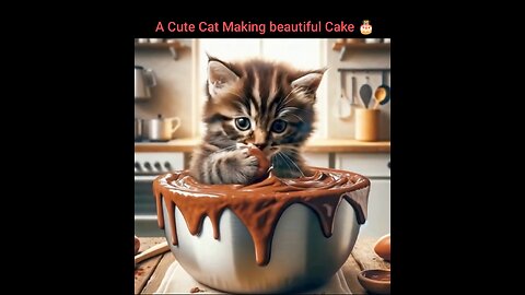 A Cute cat making chocolate cake